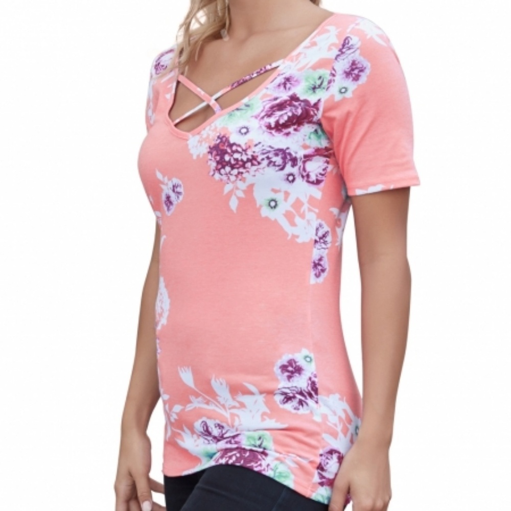 Pink Floral Crisscross Neck Detail Top - Picture 2 of 3